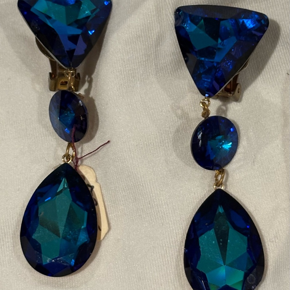 Vintage Triple Blue Loaded Swarovski Crystal Drop Elegant Earring 3 1/4 L New